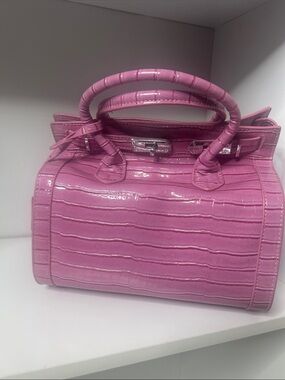 Structured Pink Croc-Embossed Patent Satchel